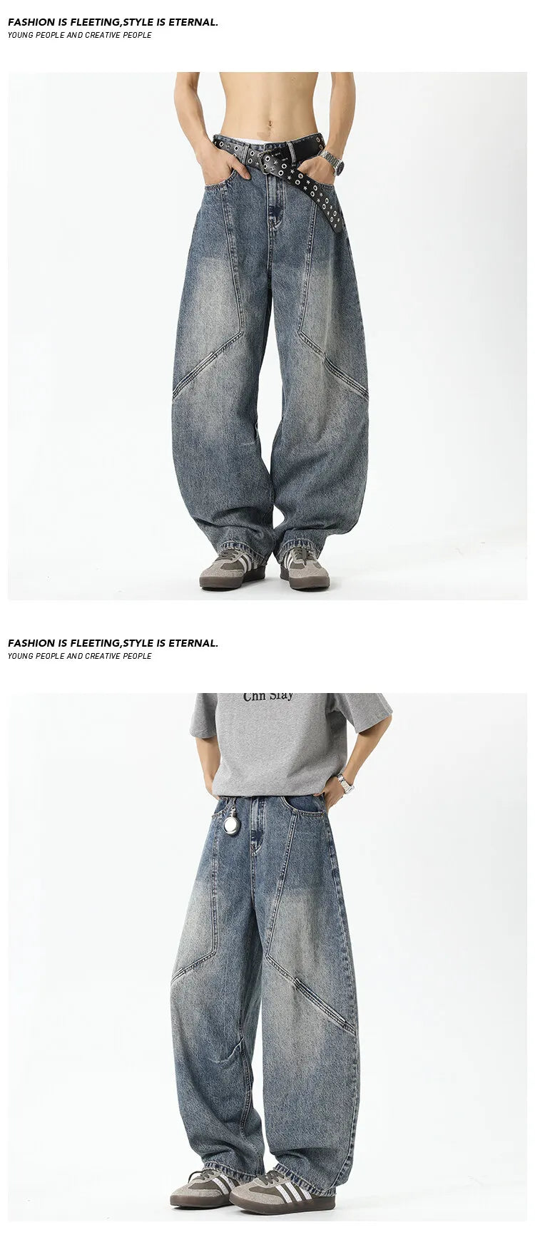 Mens Relaxed Fit Wide Leg Jeans Patchwork Design Floor Length Baggy Streetwear Casual Denim Pants 2025 Trendy Loose Trousers voguable