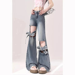 Voguable  High Street Hollow Strap Bow Jeans Women's Spring Summer New High Waist Slimming Spice Girls Denim Wide Leg Horn Pants voguable