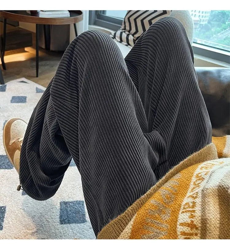 Autumn Corduroy Straight Trousers Men Loose Solid Casual Drape Trousers Harajuku Fashion Drawstring Street Wide Leg Sweatpant voguable