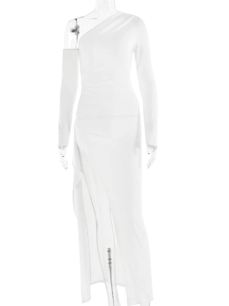 Oblique Shoulder Thigh High Split Maxi Dress Women Long Sleeve Backless Bodycon Sexy Club Party Long Dress Vestidos voguable