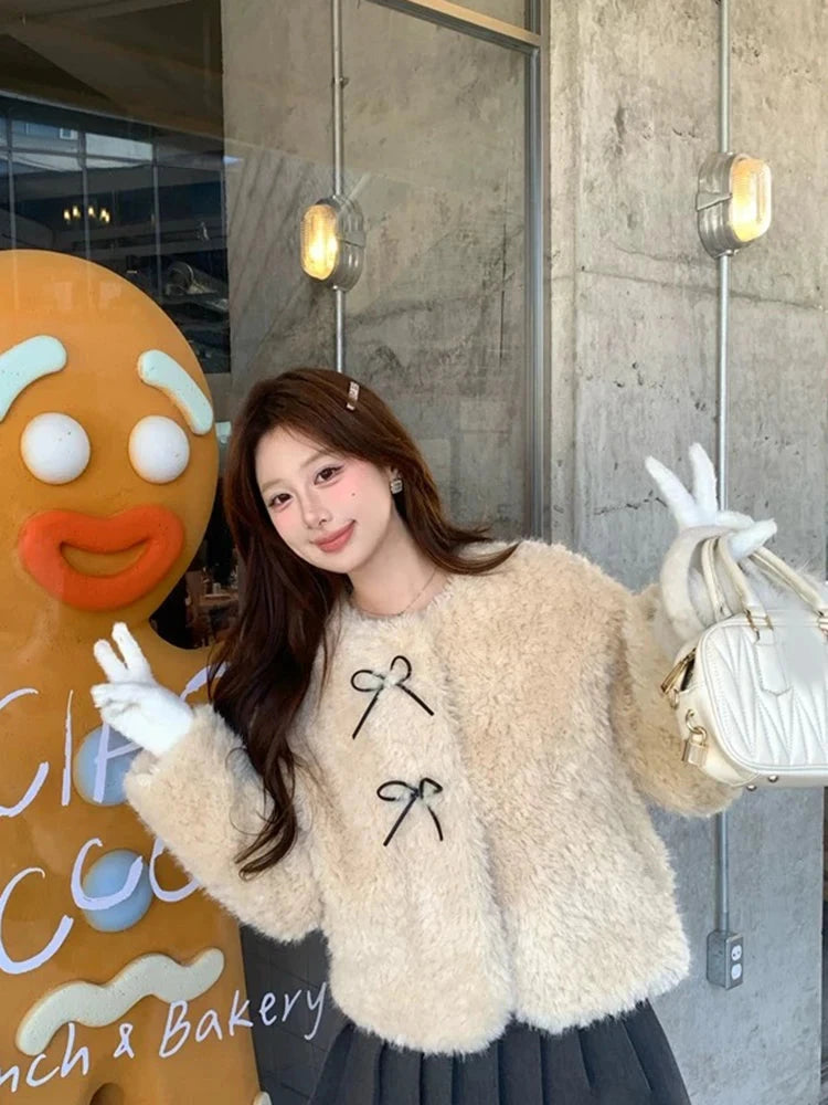 Cute Bow Faux Lamb Coat Women Sweet Winter Long Sleeve O Neck Jacket Slim Warm Korean Female Fashion Preppy Style Outwear Tops voguable