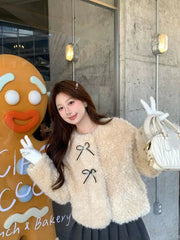 Cute Bow Faux Lamb Coat Women Sweet Winter Long Sleeve O Neck Jacket Slim Warm Korean Female Fashion Preppy Style Outwear Tops voguable
