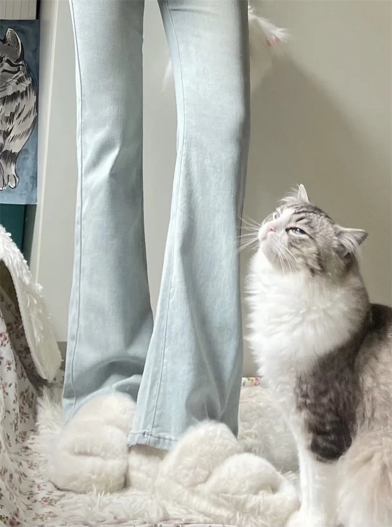 Voguable Irregular Light Blue Autumn Women's Jeans Fashion Office Lady High Waist Slim Tight Hip Zipper Simple Female Flare Pants voguable