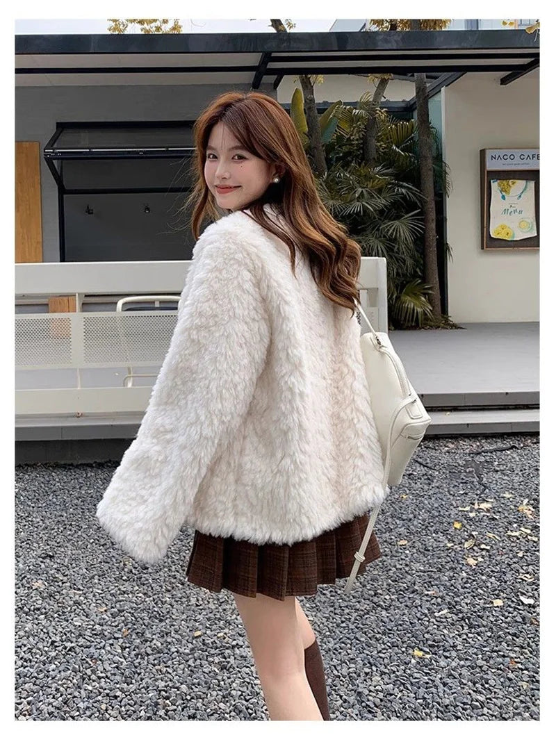 Winter Chic Faux Lamb Coat Women Korean Long Sleeve O Neck Fashion Jacket Sweet Warm Female Elegant All Match Solid Outwear Tops voguable