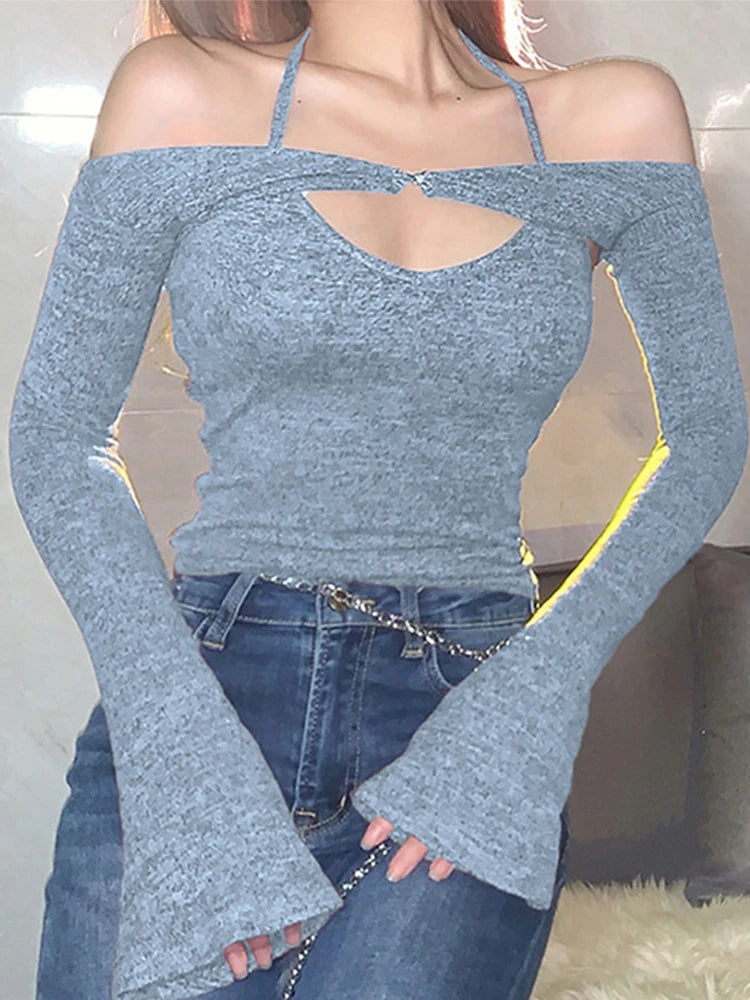 Y2K Top Women Long Sleeve T-Shirts 2 Piece Tops Halter Tanks Backless Crop Top Off Shoulder Tees Sexy Christmas Clothes voguable