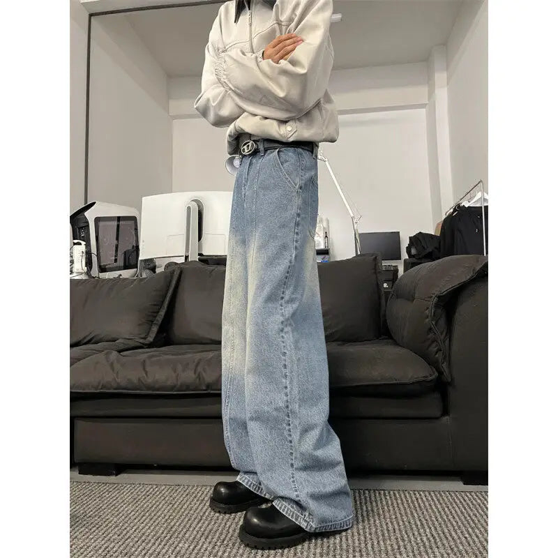 Jeans Men Loose Wide Leg Trousers Unisex low-rise jean Men's Denim Pants Old Blue Washed Male Jeans Straight Patchwork mop pants voguable