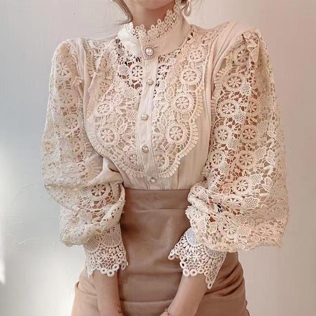 Summer Elegant Blouse for Women Hool Flower Hollow Long Flare Sleeve Single Breasted Tops Chic See Through Round Neck Vintage voguable