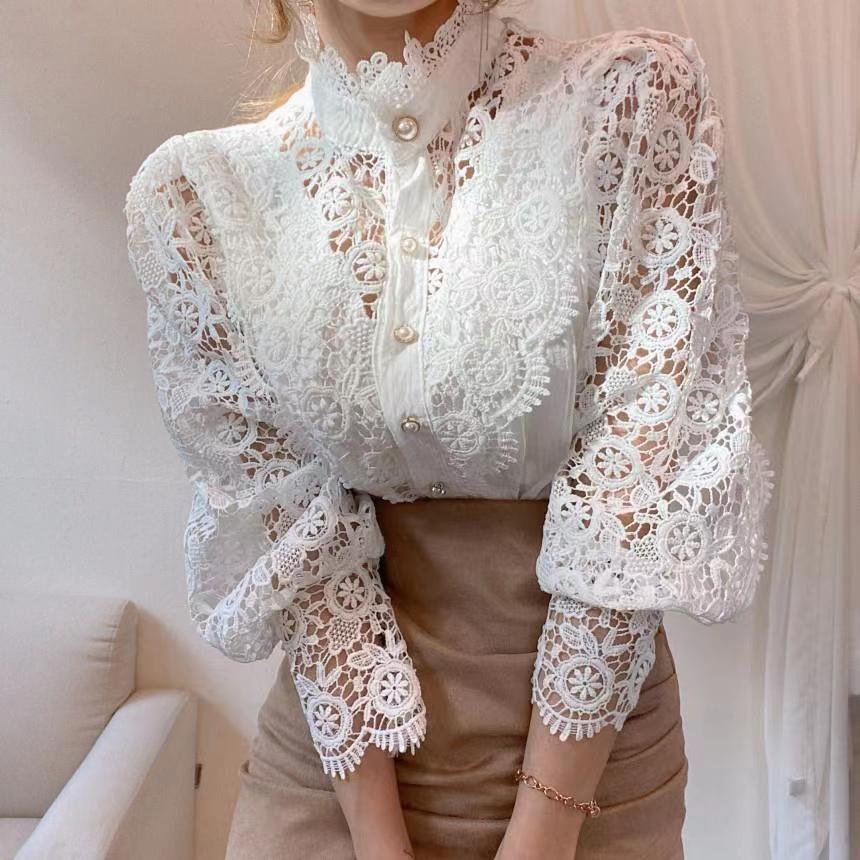 Summer Elegant Blouse for Women Hool Flower Hollow Long Flare Sleeve Single Breasted Tops Chic See Through Round Neck Vintage voguable