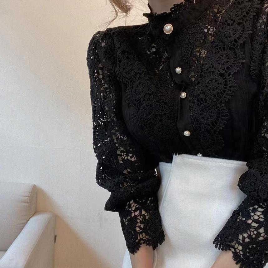 Summer Elegant Blouse for Women Hool Flower Hollow Long Flare Sleeve Single Breasted Tops Chic See Through Round Neck Vintage voguable