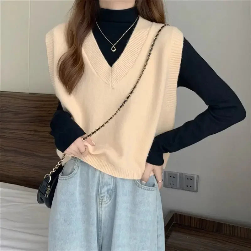 Women's Sweater Yellow Vest Short Knit Tops for Woman Green Crop V-neck Korean Style Winter Thermal Blouse Tall Long Sleeve Warm voguable