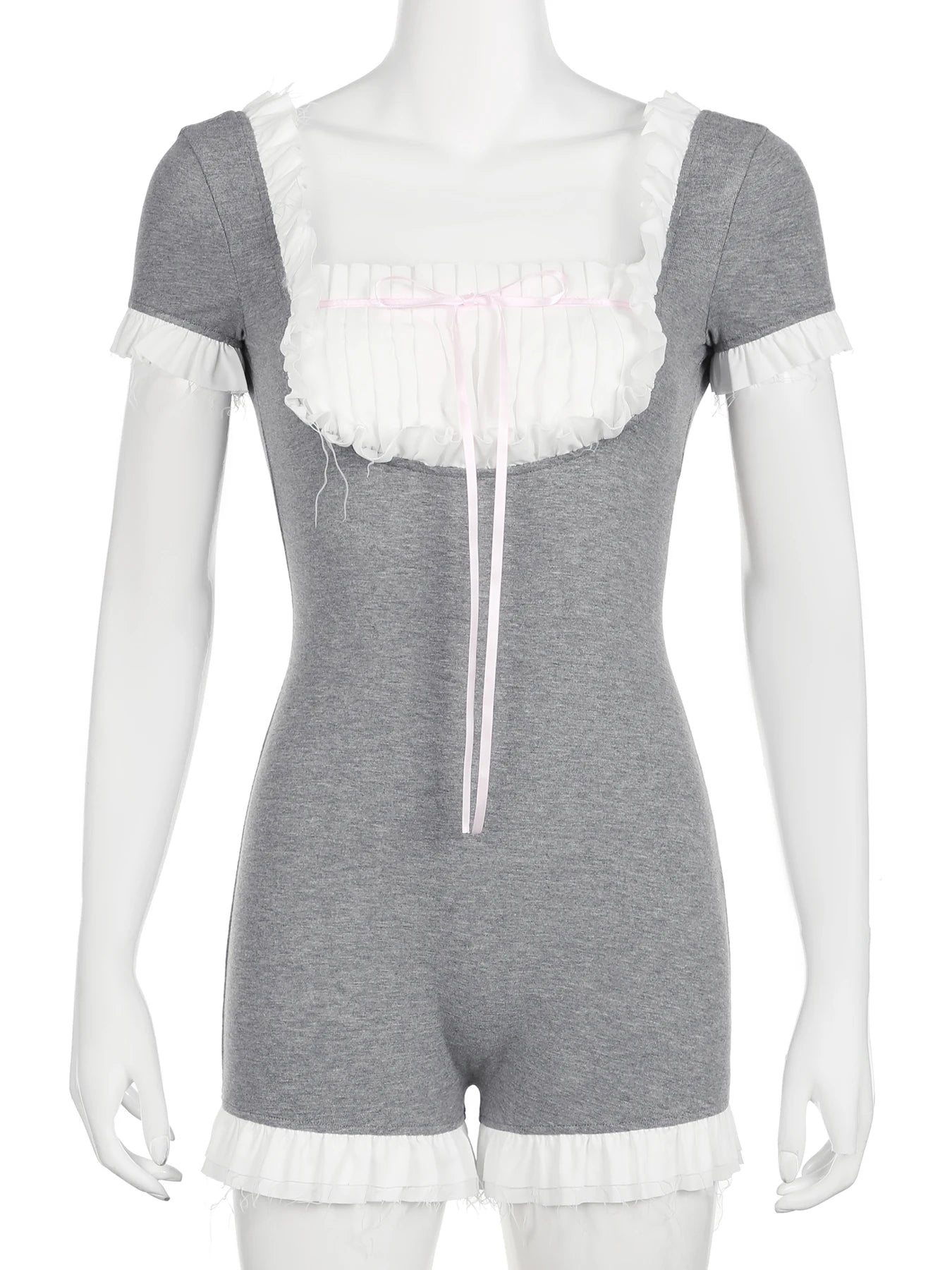 Voguable y2k Coquette Lace Frill Backless Tie Up Jumpsuit Women Aesthetic Bodycon Romper One Piece Bodysuit Streetwear Playsuit voguable