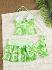 Voguable  Women Floral 3 Piece Tankini Set Halter Neck Tank Top Bikini Brief Drawstring Tiered Ruffle Swim Skirt Tropical Beach Swimwear voguable