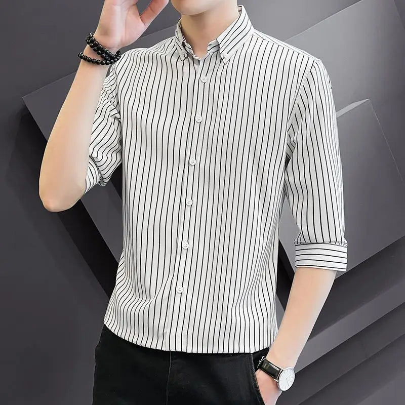 Voguable  Summer Men's Striped Seven Quarter Sleeve Shirt Youth Fashion Korean Version Slim Fit Five Quarter Sleeve Shirt voguable