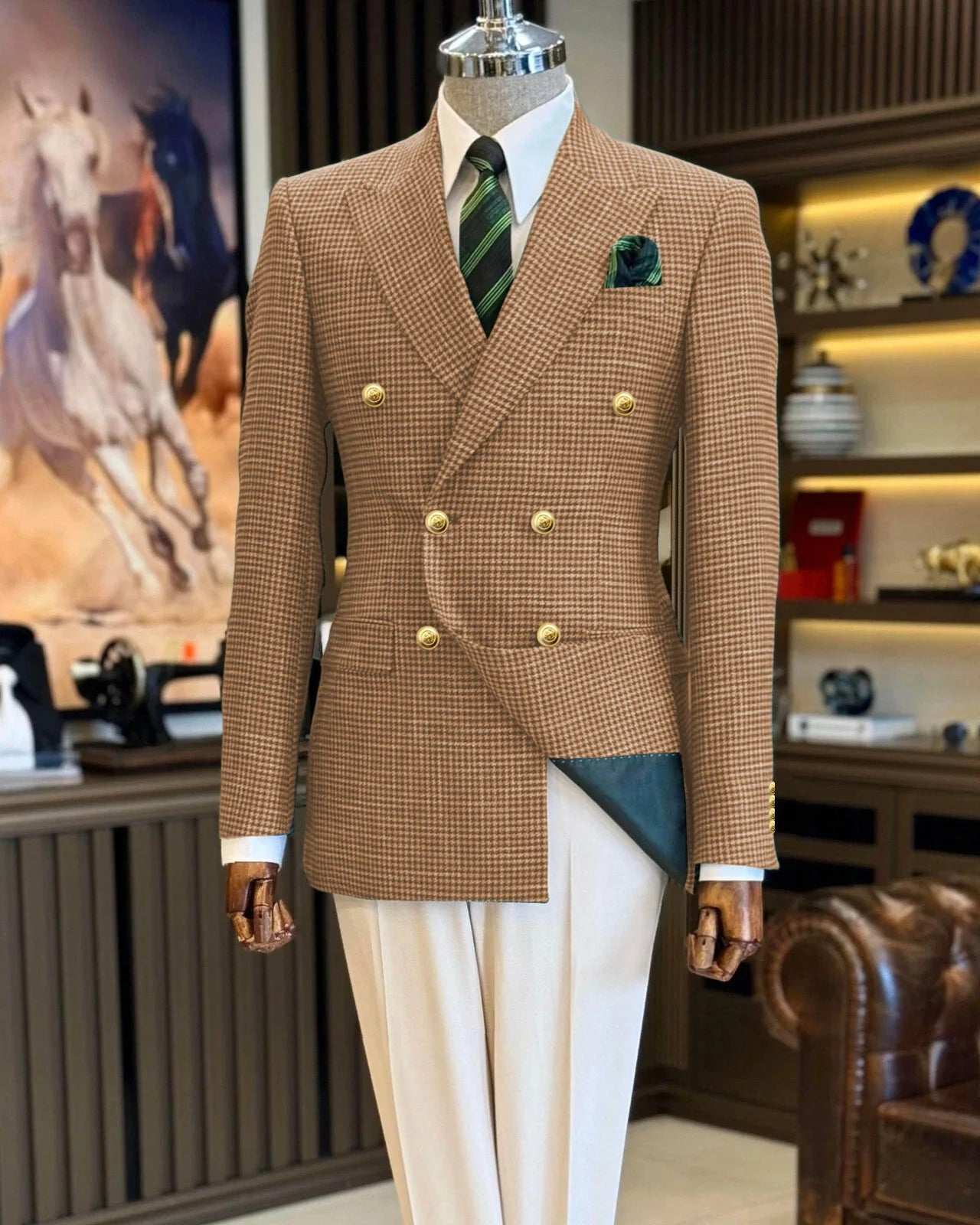 Voguable  Black Men's Suit Jacket Houndstooth Peak Lapel Double Breasted Business Regular Fit Blazer Man plus size voguable