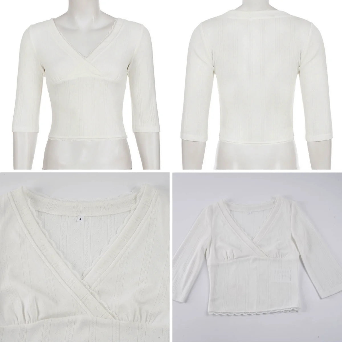 Voguable  Women Knit Lace Hem Patchwork Top Cross V Neck Slim Mid Sleeve Elegant Sexy Chic Casual Streetwear Tee Date Outfit voguable