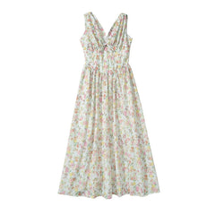 New Women Bow V Neck Floral Print Tank Summer Dress Sexy Sleeveless High Waist Elegant Holiday Party Dresses Midi Robe voguable