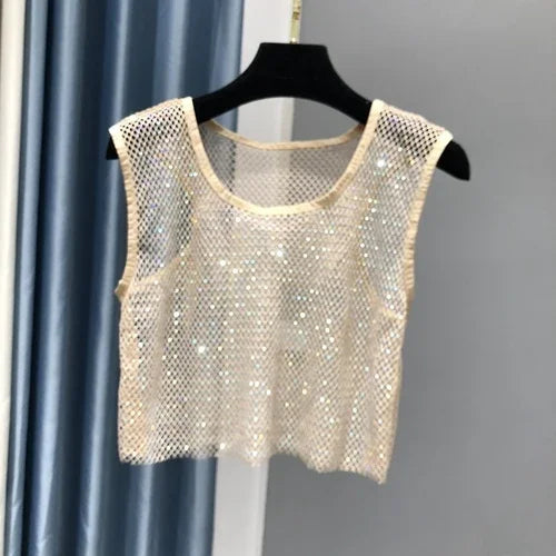 Voguable  Hot Girl Y2k Small Vest Summer New H Vest with Short Vest and Shiny Women's Round Neck Top voguable