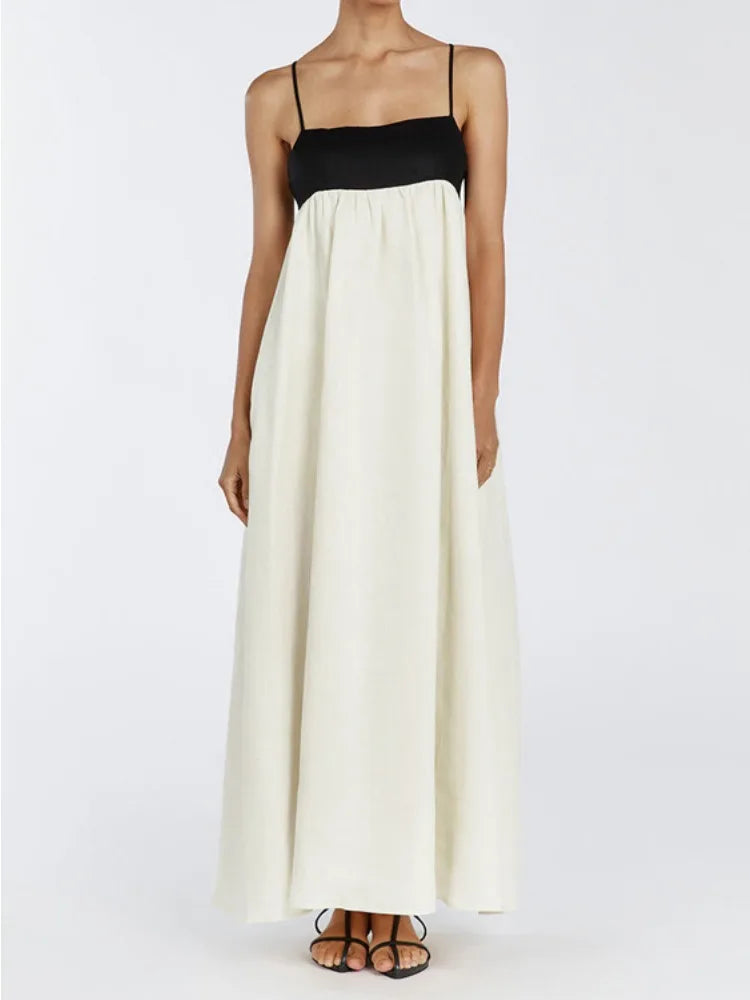 TARUXY Contrast Color Suspender Dress Women's Fashion Sexy Backless Long Ball Gown Dress Sleeveless Loose Female Holiday Clothes voguable