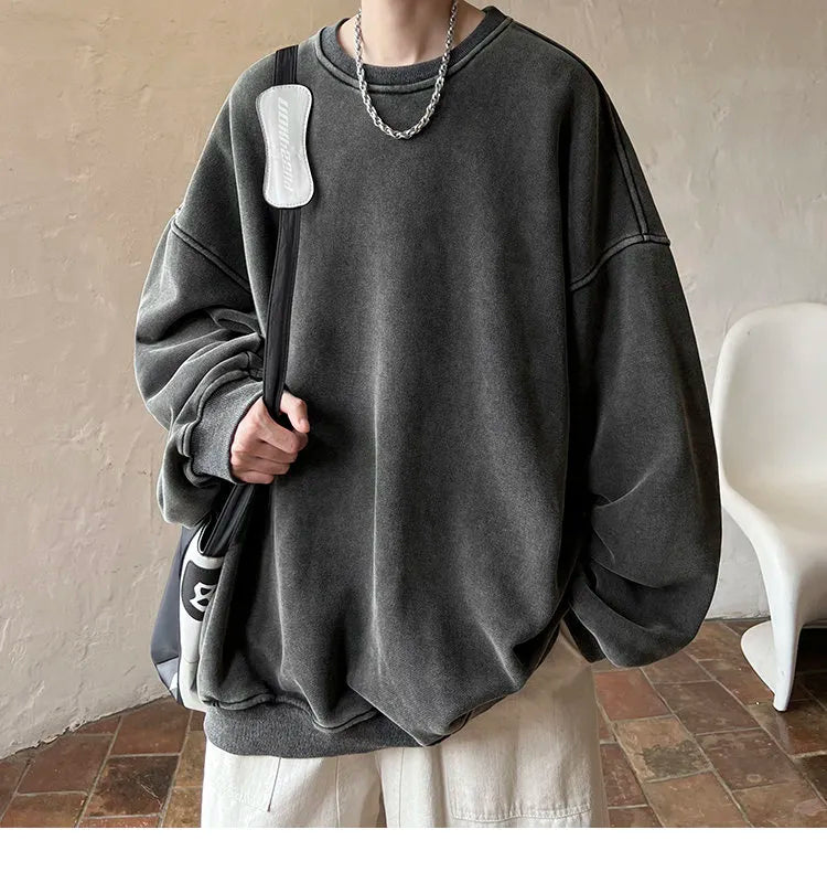 American Washed Old Pullovers Sweatshirts Men Loose Solid Color Autumn Large Size Warm O Neck Tops Hip Hop Y2k Sweatshirt voguable