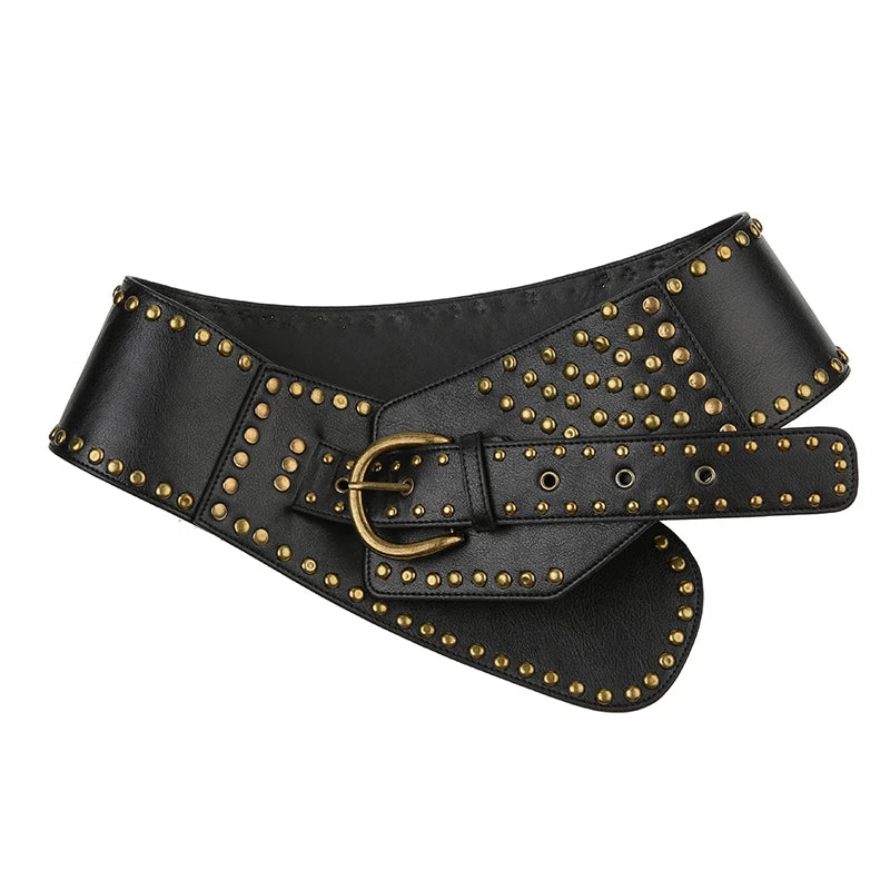Voguable PU Wide Belts Vintage Rivet Pin Buckle Luxury Leather Belt for Women Jeans Waistband y2k Punk Rock Hip Hop Accessories voguable