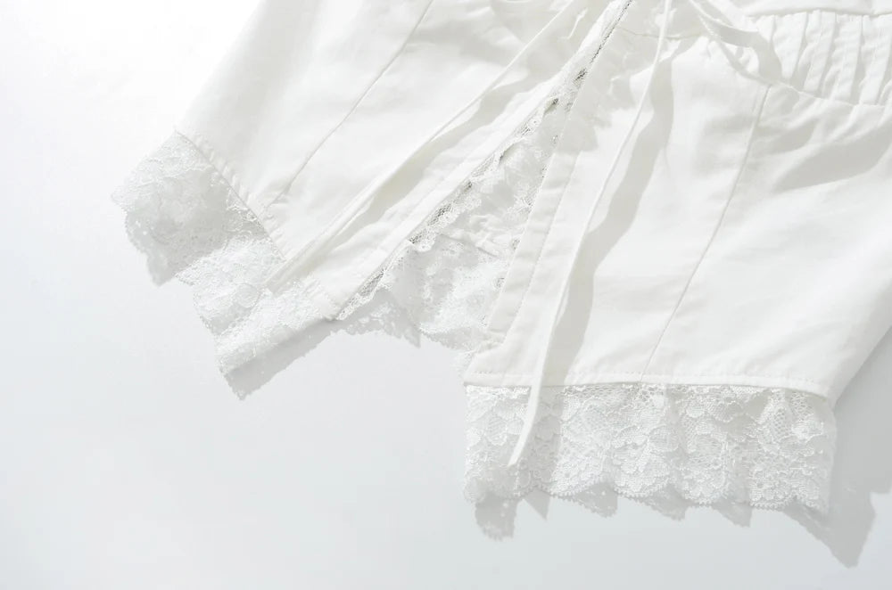 Voguable  New Fashion Women Lace Spliced White Tank Top Sleeveless Lace Up Sexy Collar Ladies Summer Crop Top voguable