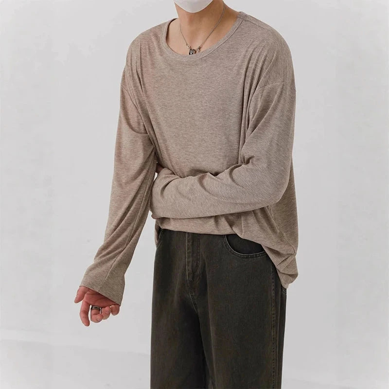 Korean Fashion Men T-shirt Luxury Knitted Solid Color Scoop Neck Long Sleeve Tees Casual Premium Quality Textured Knitwear M-3XL voguable