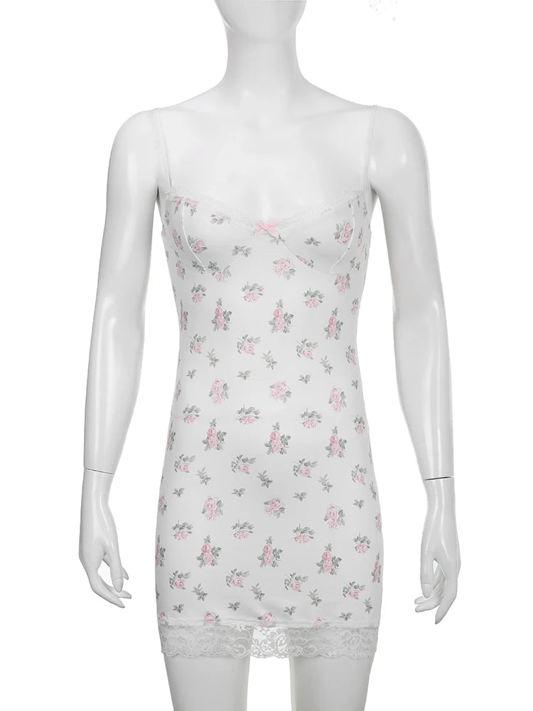 Voguable  Coquette Aesthetic Spaghetti Strap Lace Floral Dress Sweet Y2K Bodycon Night Dresses Beach Holiday Casual Robe Sexy voguable