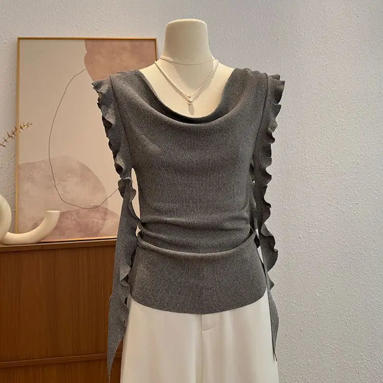 Voguable  Premium Minority Flying Sleeve Knit Tshirts Draped Neckline Lace Up Unique Mujer Camisetas Slim Elegant Casual Moda Tops voguable