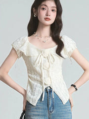 3D Floral Ruffles Sweet T Shirt Women Slim Sexy Cropped Short Sleeve Chic Tees Tops Korean Fashion Elegant Female T Shirts voguable