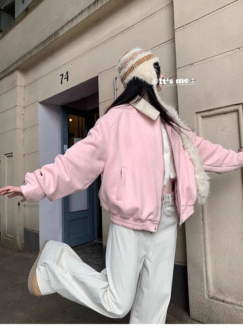 Pink Faux Suede Jacket Women Sweet Long Sleeve Vintage Streetwear Baseball Coat Fall Casual Retro American Y2K Lady Outwear voguable