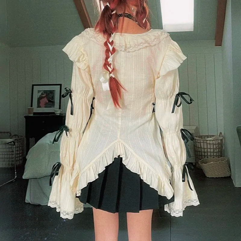 Y2k Aesthetics Lace Shirt Grunge Gothic Irregular Blouses Fairy Harajuku Bandage Shirt Vintage Lolita Clothes Mall Goth voguable