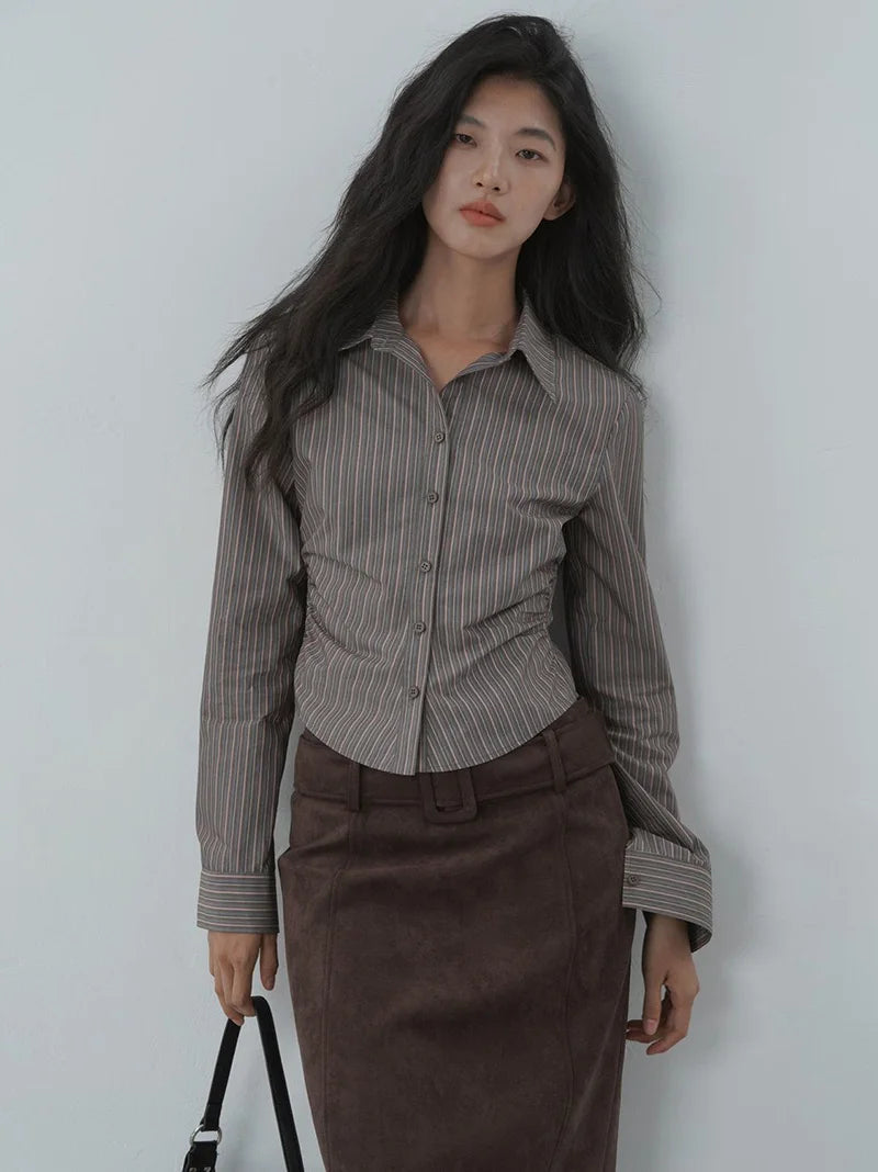 American Retro Slim Striped Shirt Fall Long Sleeve Harajuku Y2K Blouse Casual Vintage Female Streetwear Gothic Hip Hop New Tops voguable