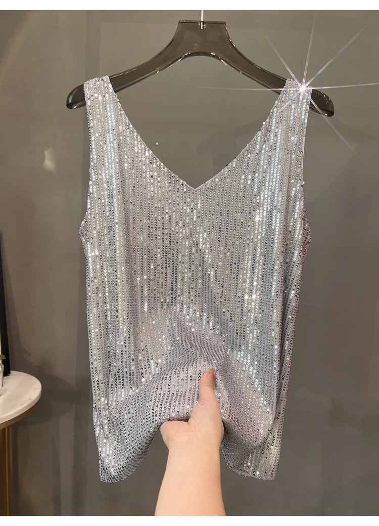 Voguable  New European and American Sequined V-neck Vest Worn Inside A Suit Bottoming Shirt and Worn Outside A Sparkling Top voguable