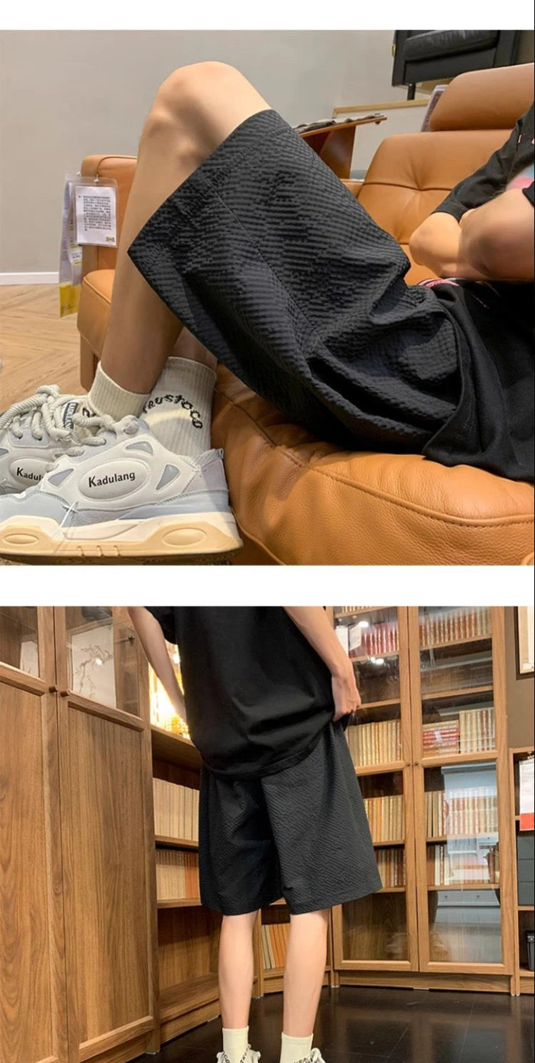 Fashion Elastic Lace Up Seersucker Thin Ice Silk Black Pink Quick-drying Breathable Shorts Casual Beach Shorts Pants Clothes voguable