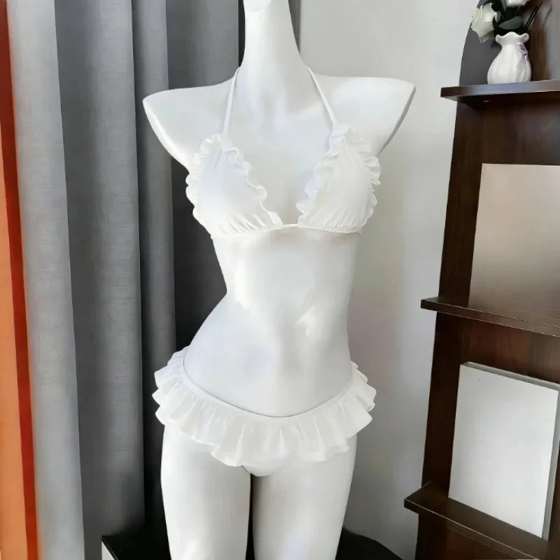 Voguable  Japanese Style Kawaii Girls Swimsuit Sweet Printed Halter Bikini Swimsuit Women Ruffle Bikini Set Bather Bathing Suit Swim voguable