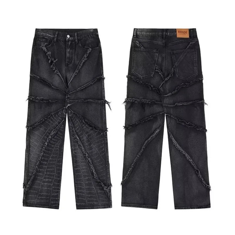 Voguable Y2K Punk Black American Street Rock Retro High Waist Oversized Jeans Men Raw Edge Washed Darkwear Wide Leg Trousers Men voguable