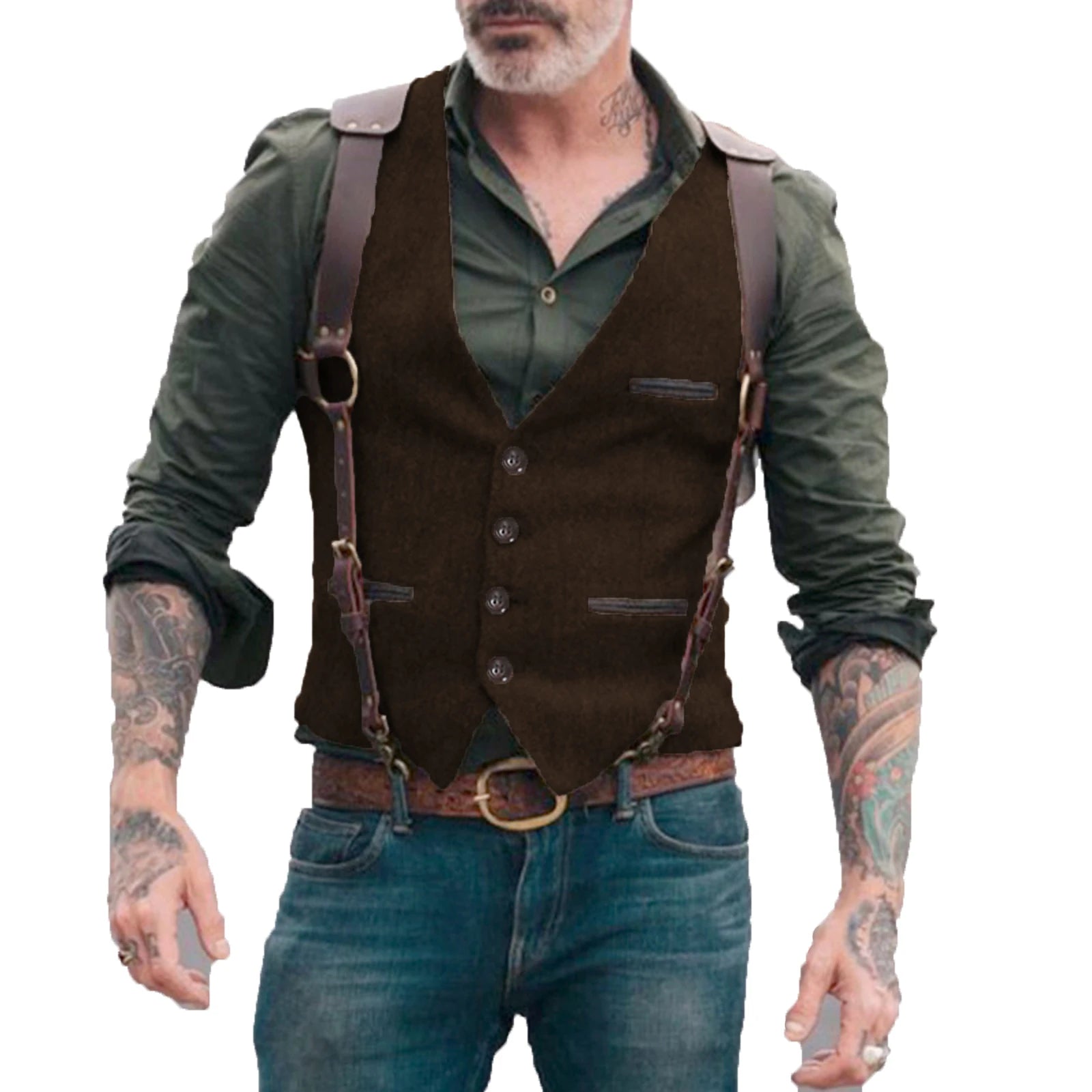 Men's Vests Men Brown Waistcoat Vest Man Steampunk Jacket Striped Tweed V-neck Slim Fit Gilet Wedding Clothing voguable