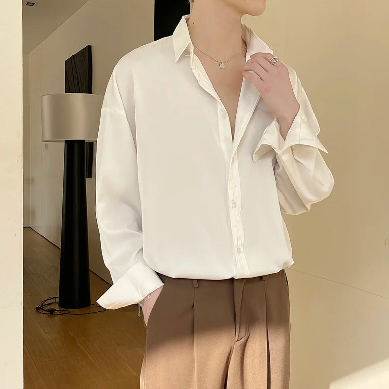 Voguable Solid Color Long-sleeved Shirt Men Fashion Social Men Dress Shirt Korean Loose Casual Ice Shirts Men Office Formal Shirt M-2XL voguable
