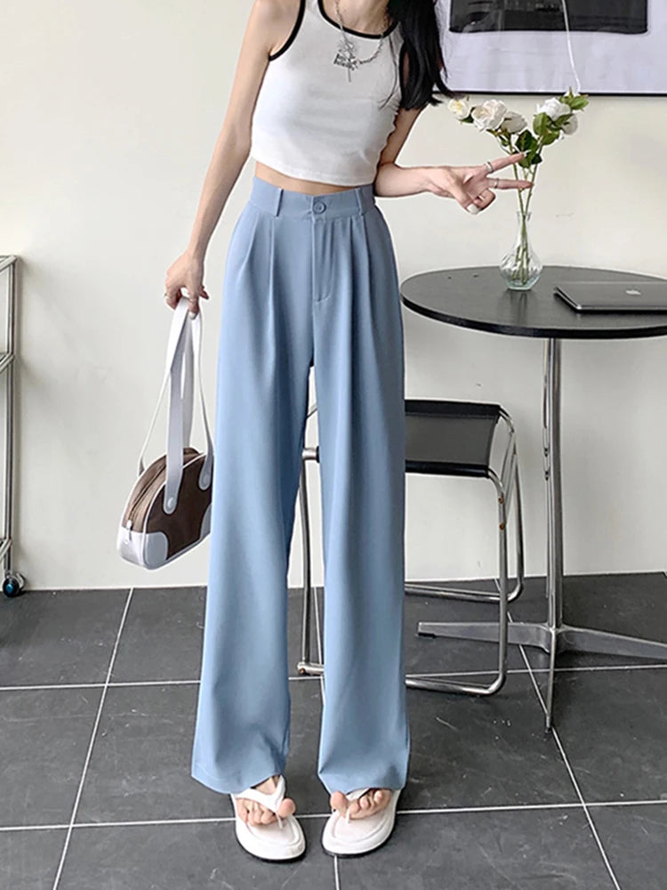 Voguable  Elastic High Waist Women Suit Pants Casual Loose Summer Straight Trousers Korean Simple Solid Female Pant voguable