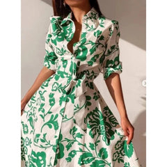 Voguable  Fashion Contrasting Color Waist Lace Up Long Women's Shirt Dress Spring and Summer New Single Breasted Elegant Ladies Dresses voguable