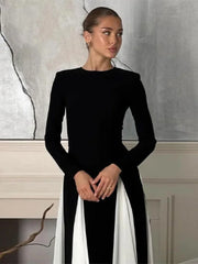 Elegant Black White Patchwork Maxi Dresses Women Fashion O-neck Long Sleeves Slim Dress New Female Evening Party Robes voguable