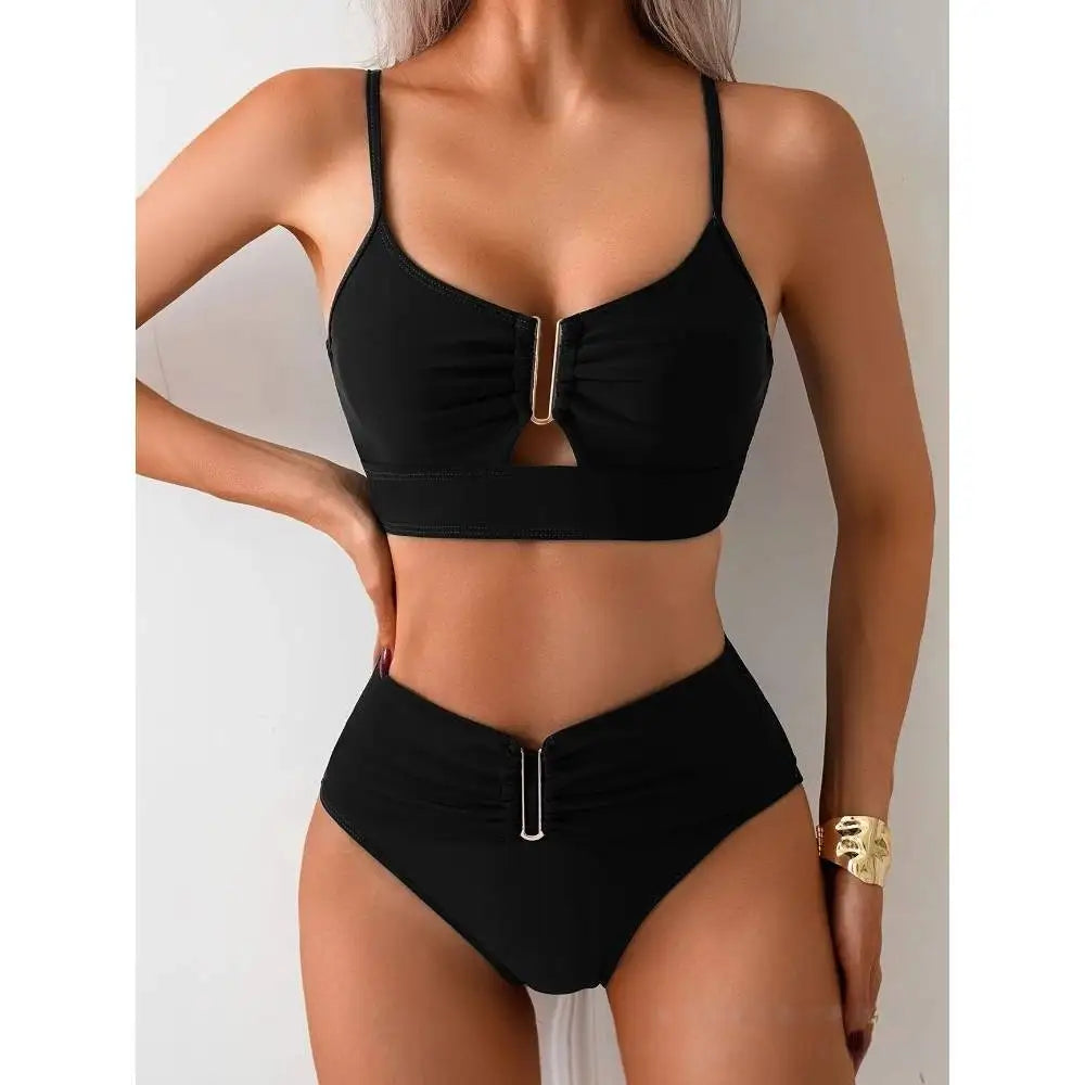 Voguable  Sexy Solid High Waist Bikinis Set Women Split Swimsuit Beach Brazil Bikini New All Season Backless Bikinis 2 Piece Set voguable