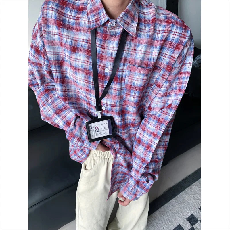 Tie Dye Long Sleeved Shirt Men Retro Plaid Shirt Men Japanese Streetwear Loose Casual Shirts Mens Fashion Shirts Large Size 5XL voguable