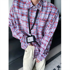 Tie Dye Long Sleeved Shirt Men Retro Plaid Shirt Men Japanese Streetwear Loose Casual Shirts Mens Fashion Shirts Large Size 5XL voguable