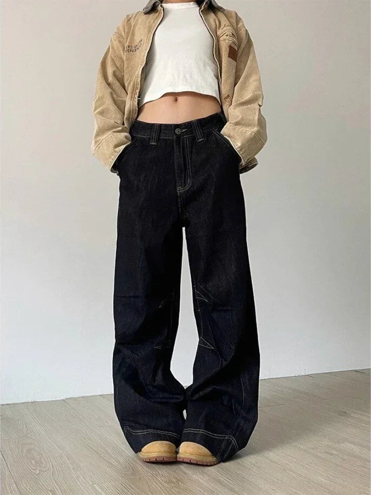 Grunge Black Jeans Women Y2k Vintage Oversized High Street Wide Cargo Denim Trousers Casual Baggy Straight Denim Pants voguable