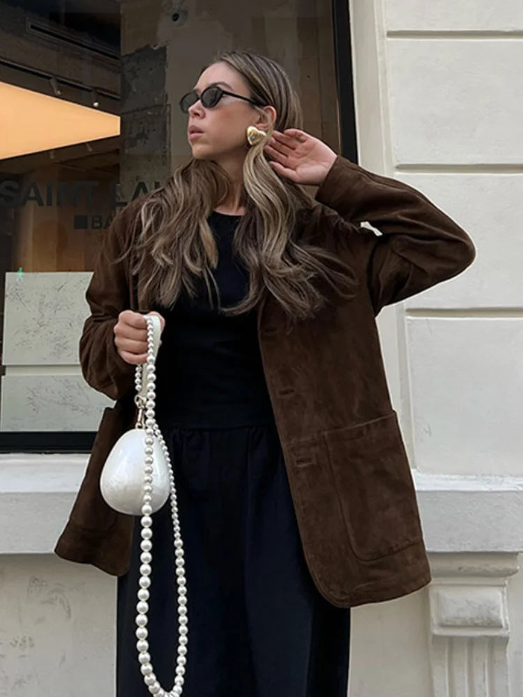 Fashion Brown Lapel With Pocket Jacket Woman Casual Single Breasted Long Sleeve Coat 2024 Lady Autumn Warm High Street Outwear voguable