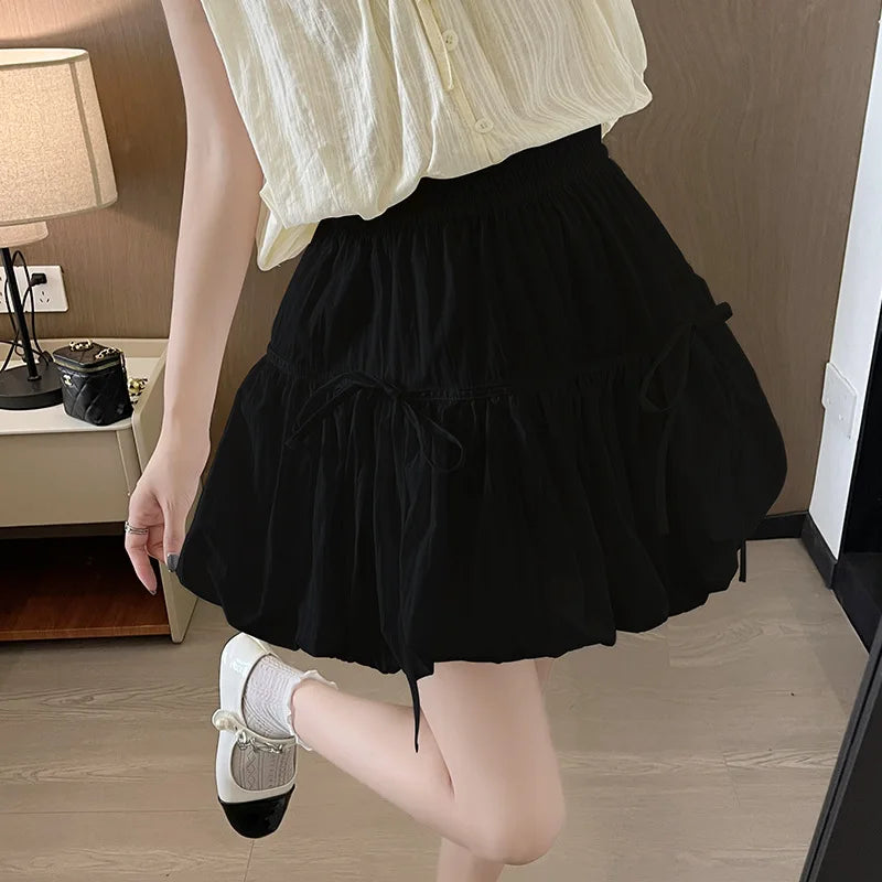 Voguable  Sweet Bow Pleated Fluffy Skirts for Women Summer Korean Style Elastic Waist Lantern Skirt Woman Loose White A-Line Short Skirts voguable