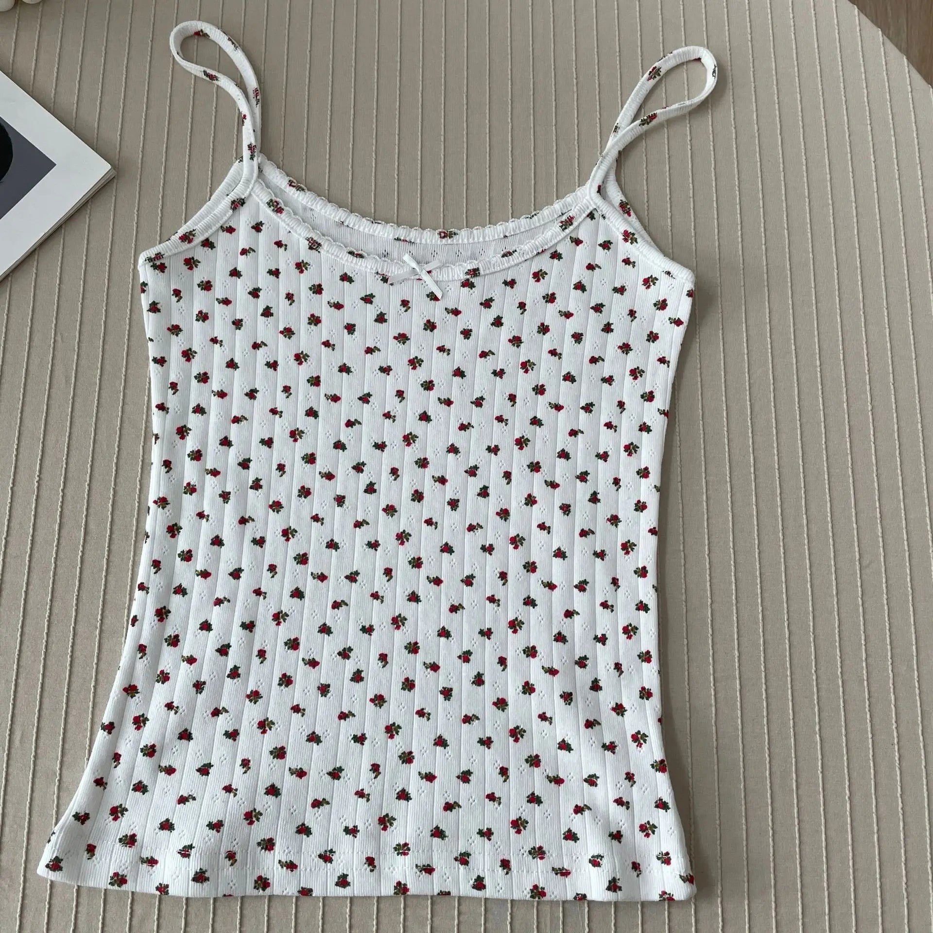 Floral Eyelet Bow Cotton Crop Tops Summer Lace Trim Sleeveless Slim Tank Top Women Preppy Style Sweet Camisole Y2k Clothes voguable
