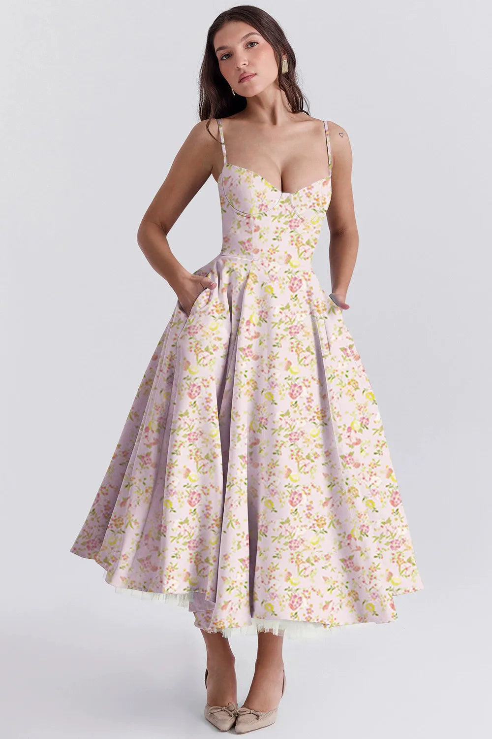 Summer Flare Midi Dress Elegant 2025 New Arrivals Spaghetti Strap Bustier Dress Women Dresses Sweet Pink Women Tops CHP1 voguable