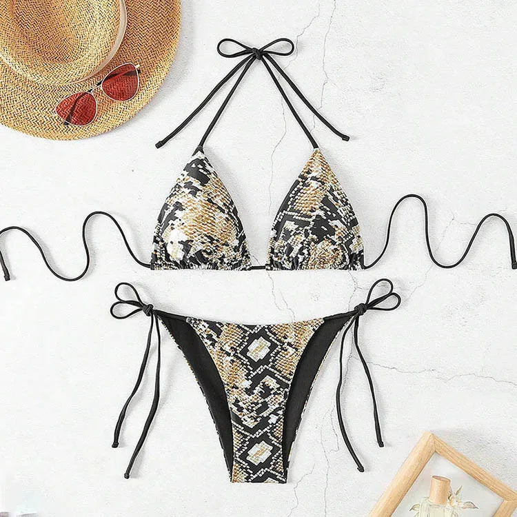 Voguable  Fashion Sexy Leopard Laced Up Bikini Women Split Swimsuit Beach Vacation Bikini All Season Backless Bikini 2 Piece Set voguable